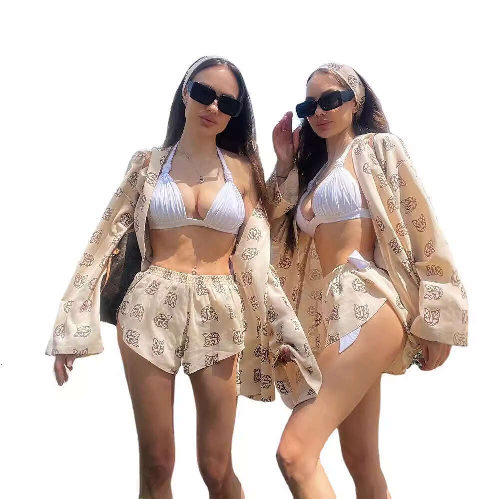 2026 European and American cross-border new style loose long-sleeve women's printed casual commuter lace-up pajama high-waisted shorts set