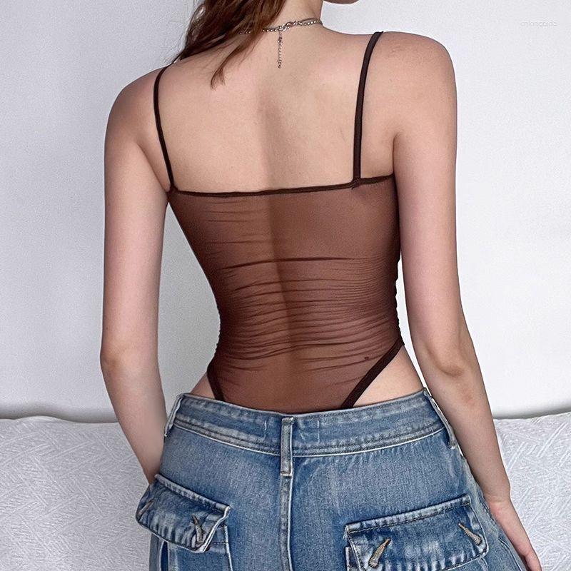 Women's Tanks Bodysuit With Breast Pads And Suspenders Pure Style Splicing Fishbone Mesh Specially Designed For Foreign Trade