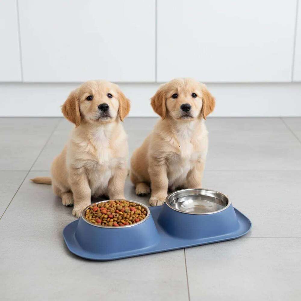 Stainless Steel Pet Bowls Double Bowl Set for Dogs & Cats - Non-Slip Food Water Feeder Dish 26W0330