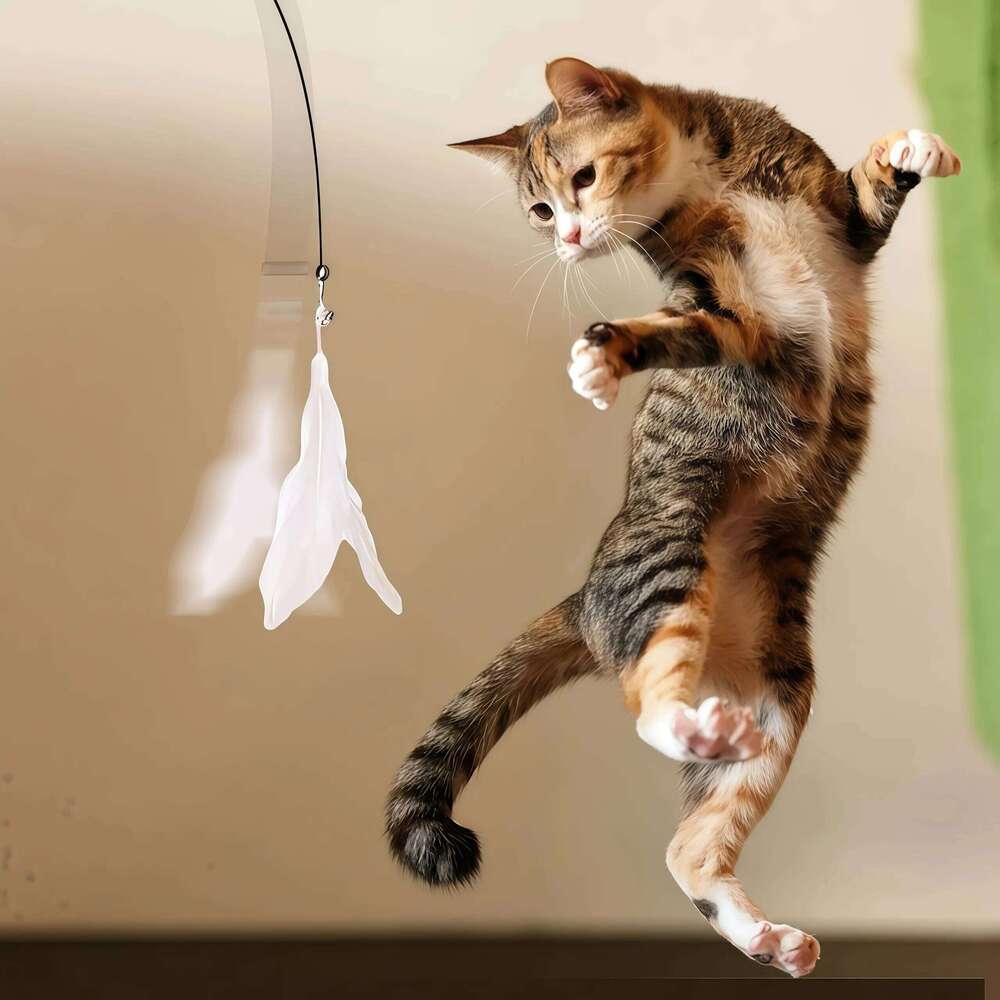 Toy Cat Pole With Bell Extended Rod Suction Cup Durable Bite Teaser Stick Replaceable Feather Head