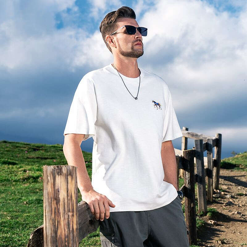 Of The Horse Series Yingjuelun 230G Heavyweight Smooth Short-Sleeve T-Shirt Summer Zodiac Year Embroidered Tee