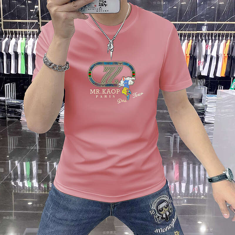 Light luxury European-style men's short-sleeve round-neck T-shirt, fashionable versatile, fitted design with rhinestone embellishments and 3D res