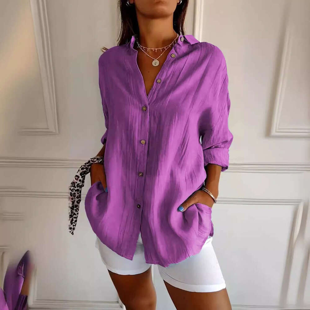 2026 New Single-Breasted Pleated Collar Shirt, Popular on Independent E-commerce Platforms, Women's Solid Color European and American Style Top w