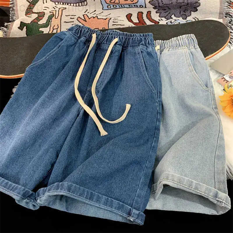 2026Casual Denim Shorts Men Elastic Waist Straight Comfortable Light Blue Soft Short Pants Baggy Wide Bermuda Male Jeans H260330