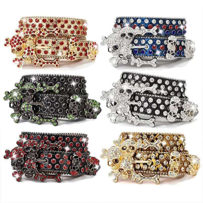 Skull Pile Punk Belts Men Women Coral Rhinestone Gothic Y2k Spice Girls Rock Hip Hop Belt Jeans Decoration Nightclub Chunjinqiuli