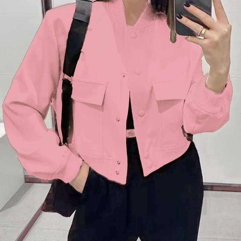 2026 Spring New Collection: Cross-Border European and American Foreign Trade Women's Clothing - Elegant Casual Stand-Collar Solid Color Pocket Tw
