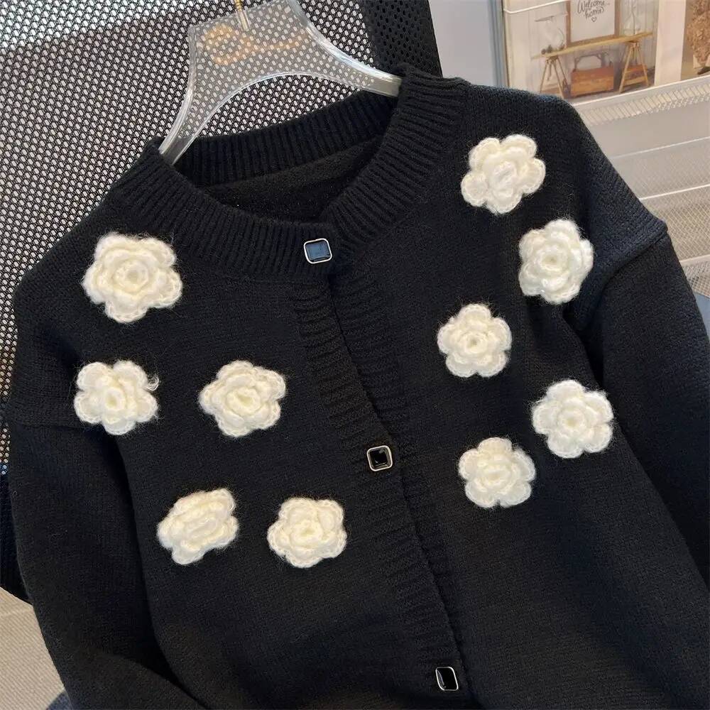 Women's Knit Cardigan Black Sweater With Flowers