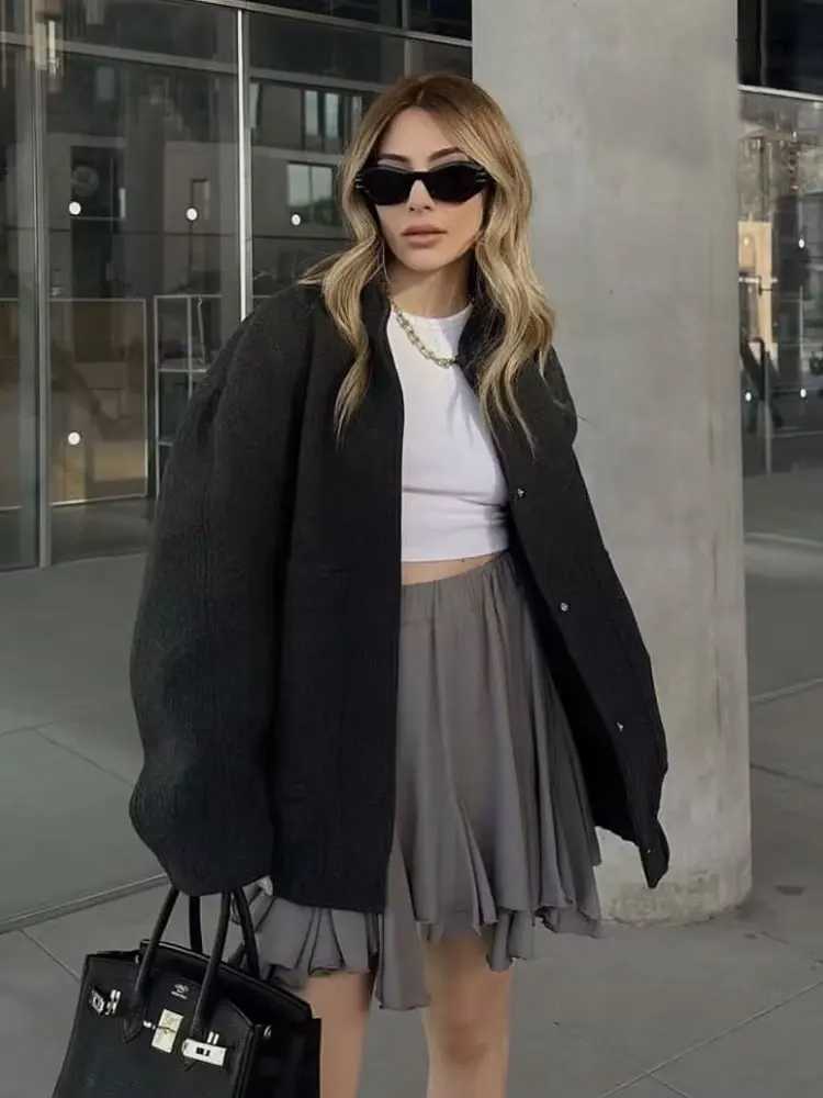 Women Fashion With Pockets Oversized Bomber Jacket Coat Vintage Long Sleeve Snap Button Female Outerwear Chic TopsT260328