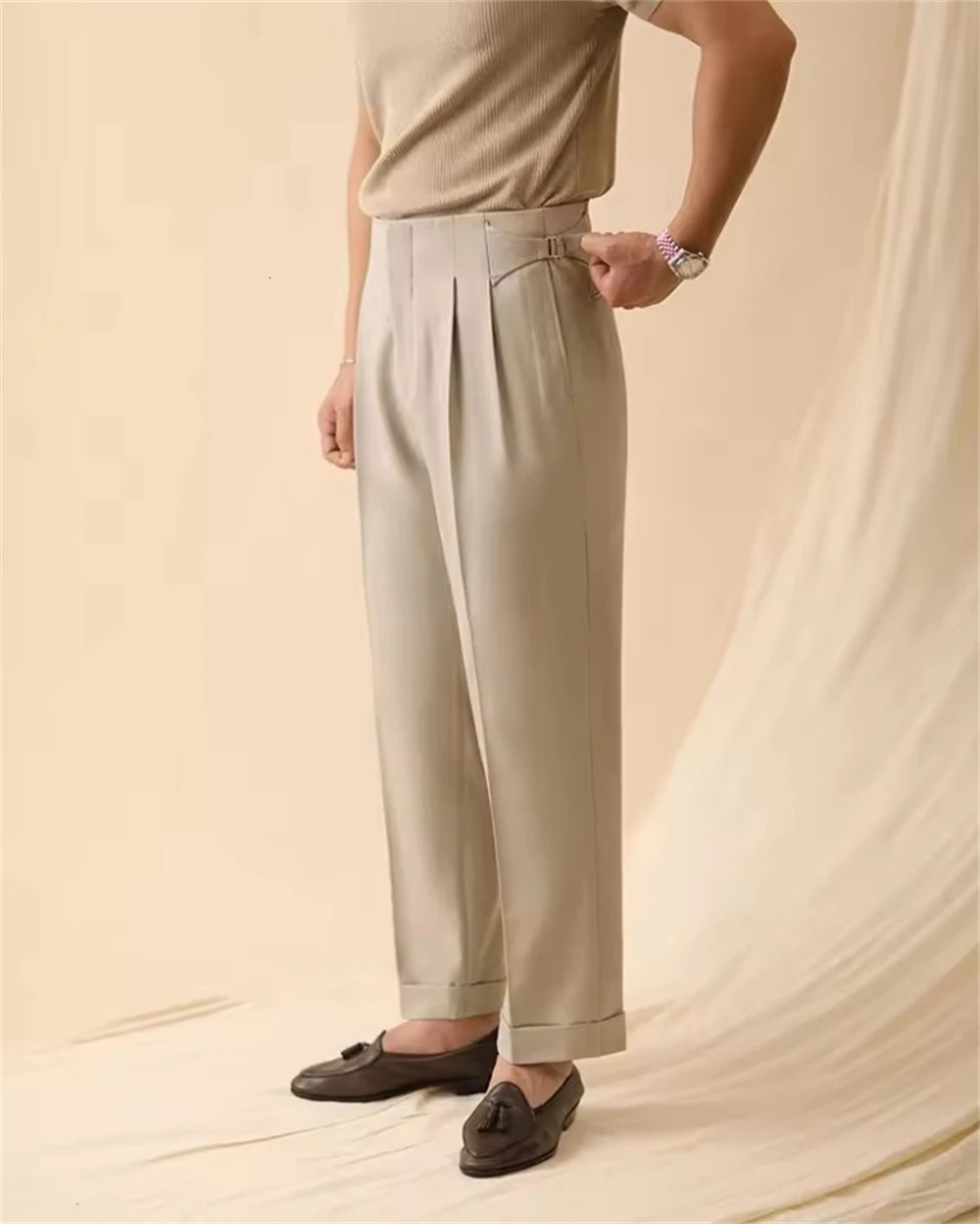 Mens Summer Straight Pants Paris Button Non Ironing Loose Fitting Business Naples Casual Pants High Waisted Office Trousers 260327