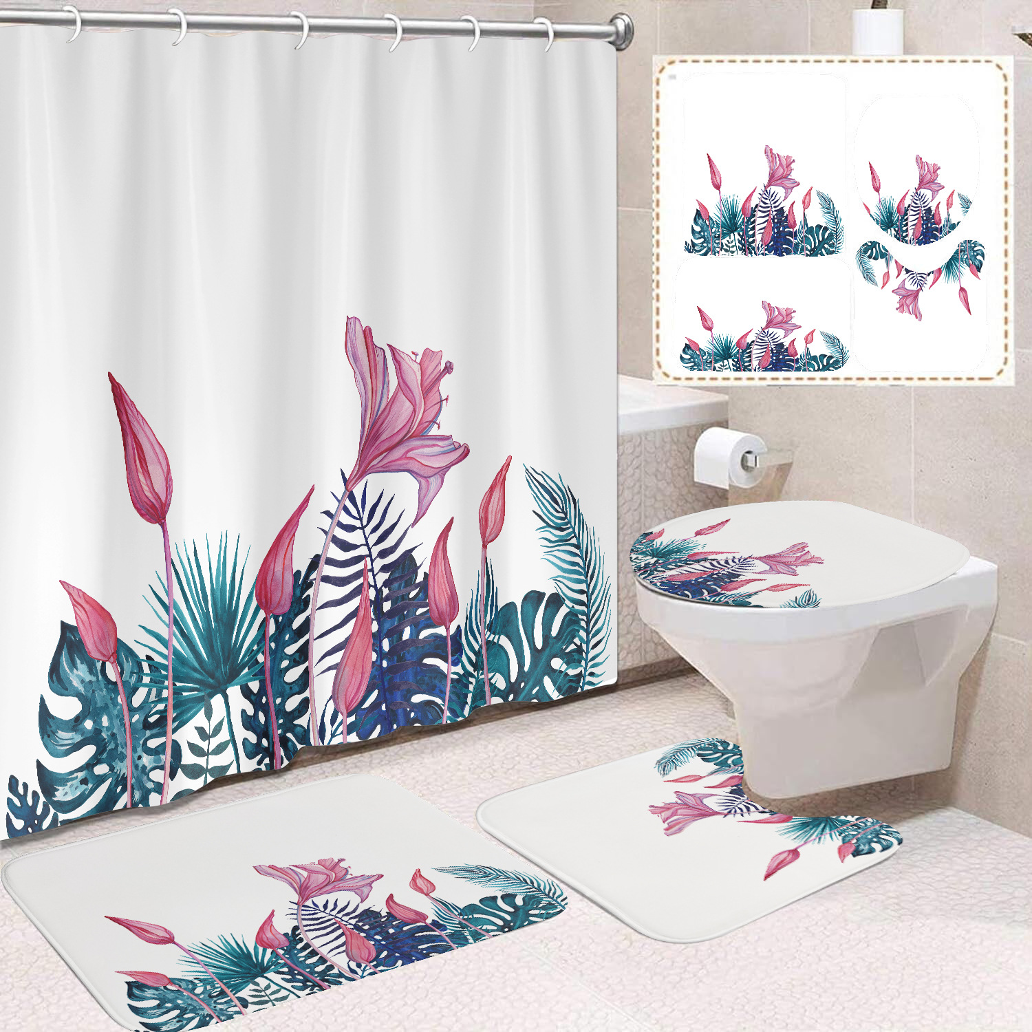 YL-38412 Floral Shower Curtain and Mat Set (4 Pieces) - Bathroom Dry and Wet Separation, Toilet Isolation Curtain, Modern Minimalist Style