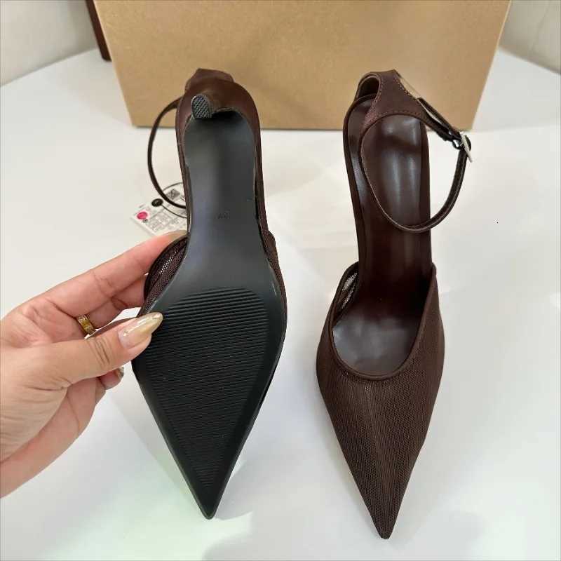 High Heels Women Summer Sandals Breathable Brown Mesh Elegant Ankle Strap Slingbacks Sexy Party Stiletto Brand Female Shoes Z260330