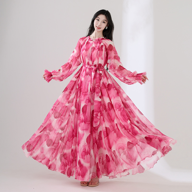 Bohemian Runway Maxi Dress Plus size Womens Long Sleeve Ruffle Vintage Floral Print Chiffon Party Holiday Long Maxi Dress Robe 240808
