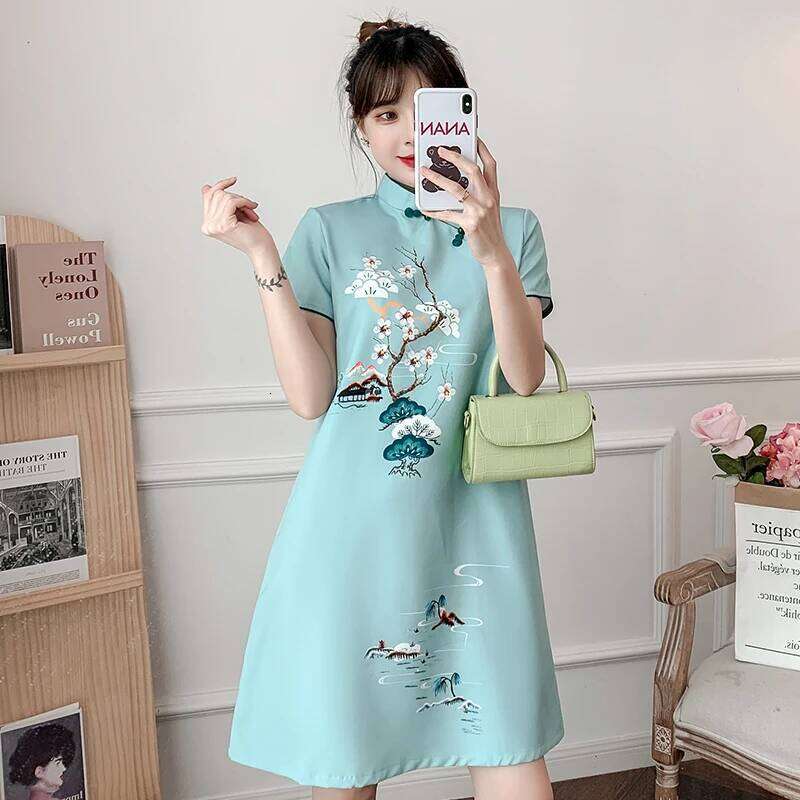 Plus Size M-4Xl 2021 New Blue Loose Fashion Modern Cheongsam Dress Women Short Sleeve Qipao Traditional Chinese Style Clothes MAKOUFEI