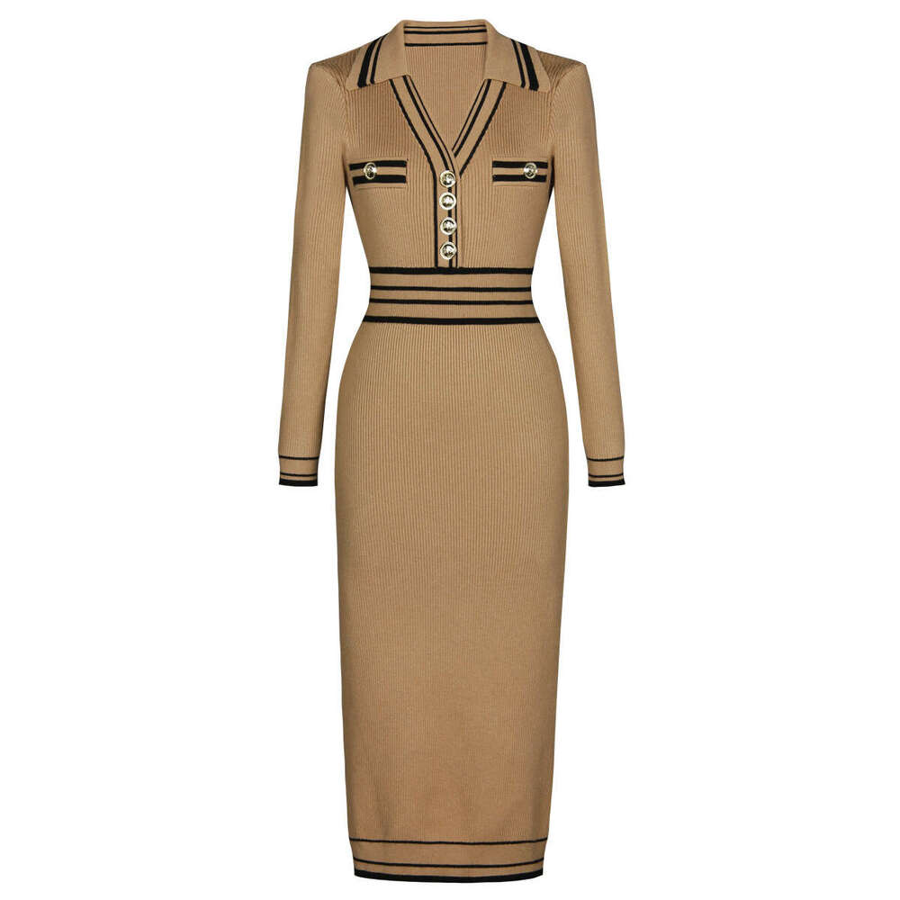 X21 Spring and Autumn New Designer High quality Knitted Collar with Patchwork, Slim fit Women's Long sleeved Dress