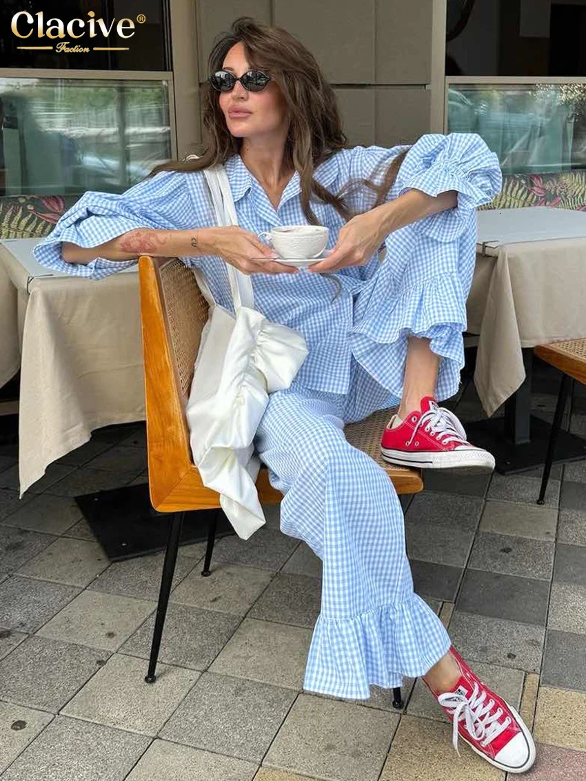 Clacive Fashion Loose Plaid Cotton Womens 3 Pieces Set Elegant Long Sleeve Shirt With High Wiast Wide Pants Set Female 260326