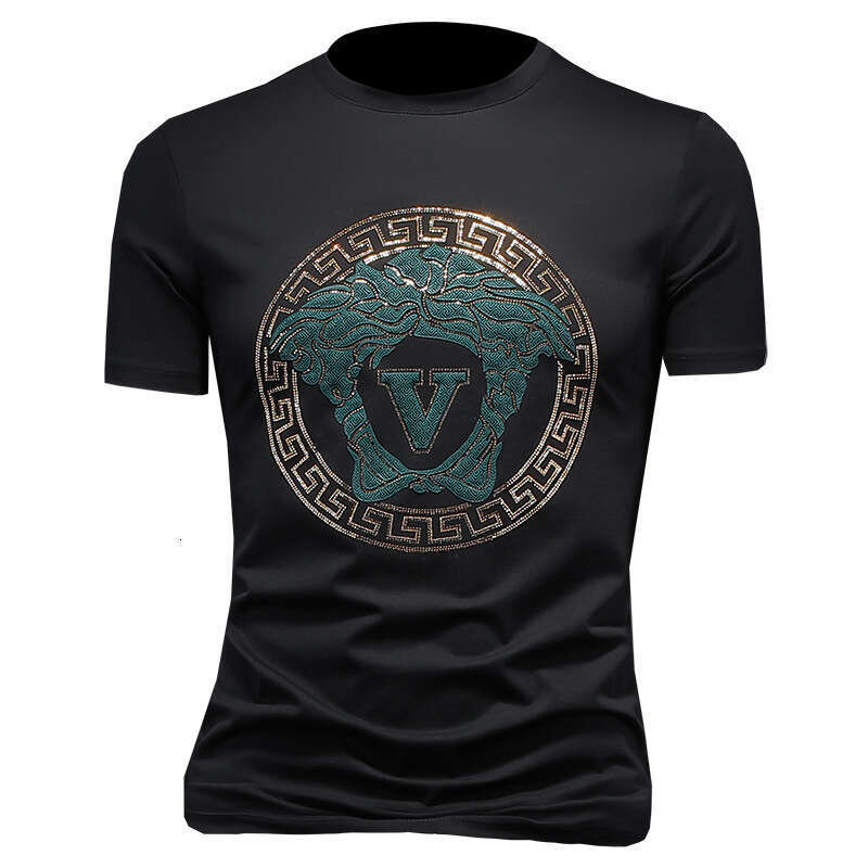 European Collection luxury Summer New Men's Double Mercerized Cotton Short T-Shirt Trendy Round Neck Half Sleeve Rhinestone Top for Men