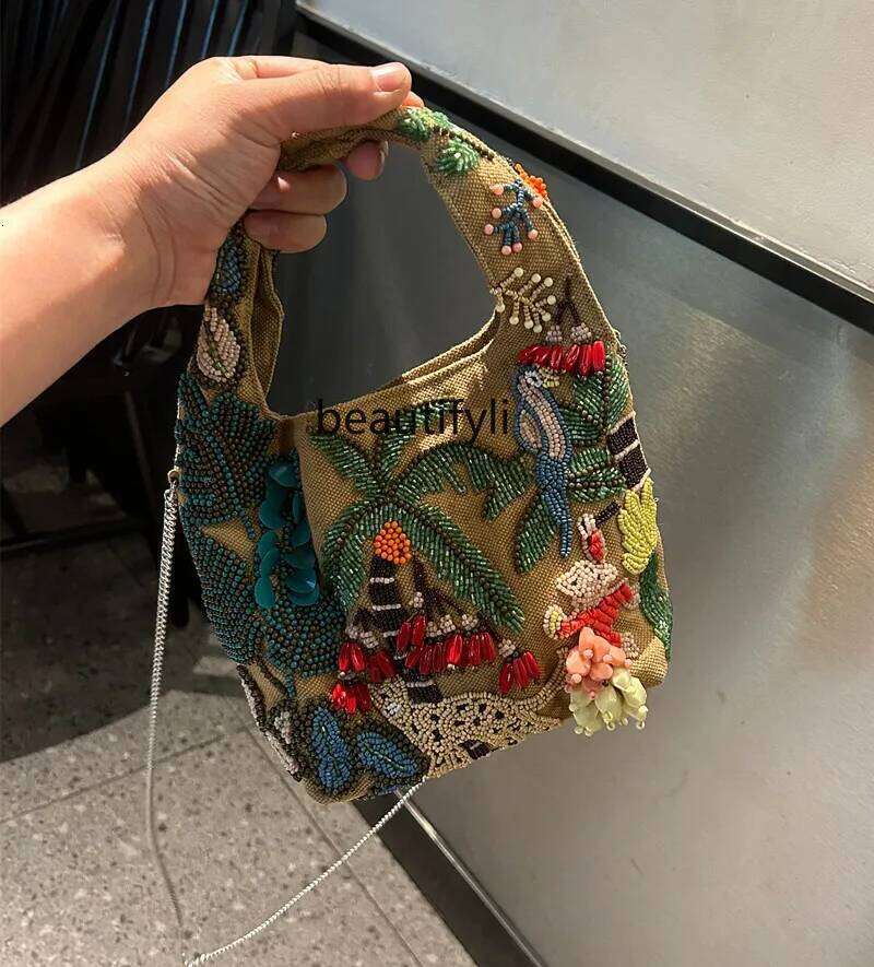Chinese Embroidery Spanish Niche Chain Portable Messenger Women's Underarm Beaded Design Canvas Bucket Bag