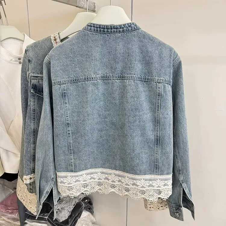 New jacket Denim jacket Early spring Retro Washed Small Collar Lace Stitching Loose Casual Denim Jacket Womens Short ParagraphT260328
