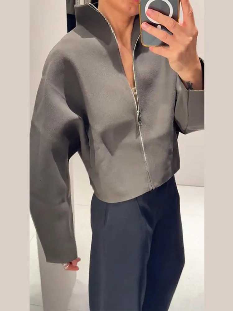 2026 Spring Womens Knit Cropped Jacket Stand Collar Zipper Loose Full Sleeve Coat Female Lady Fashion New in Matching OutwearT260328