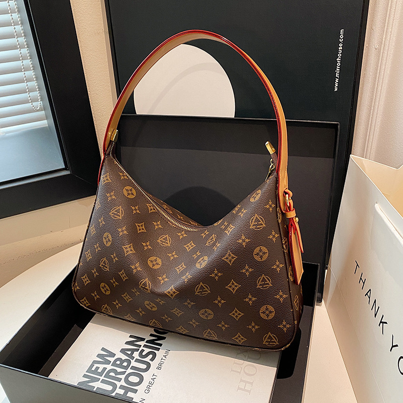 Cross-Border Printed Underarm Bag for Women, Large Capacity Fashionable Textured Dumpling Soft Leather Elegant Commuter Shoulder Bag, Vintage Trend