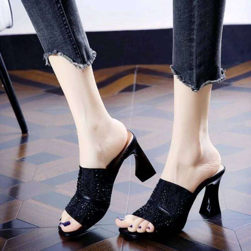 Women's Summer Open Toe Sandals Mesh Rhinestone Strap Chunky Mid Heel Outdoor Slippers