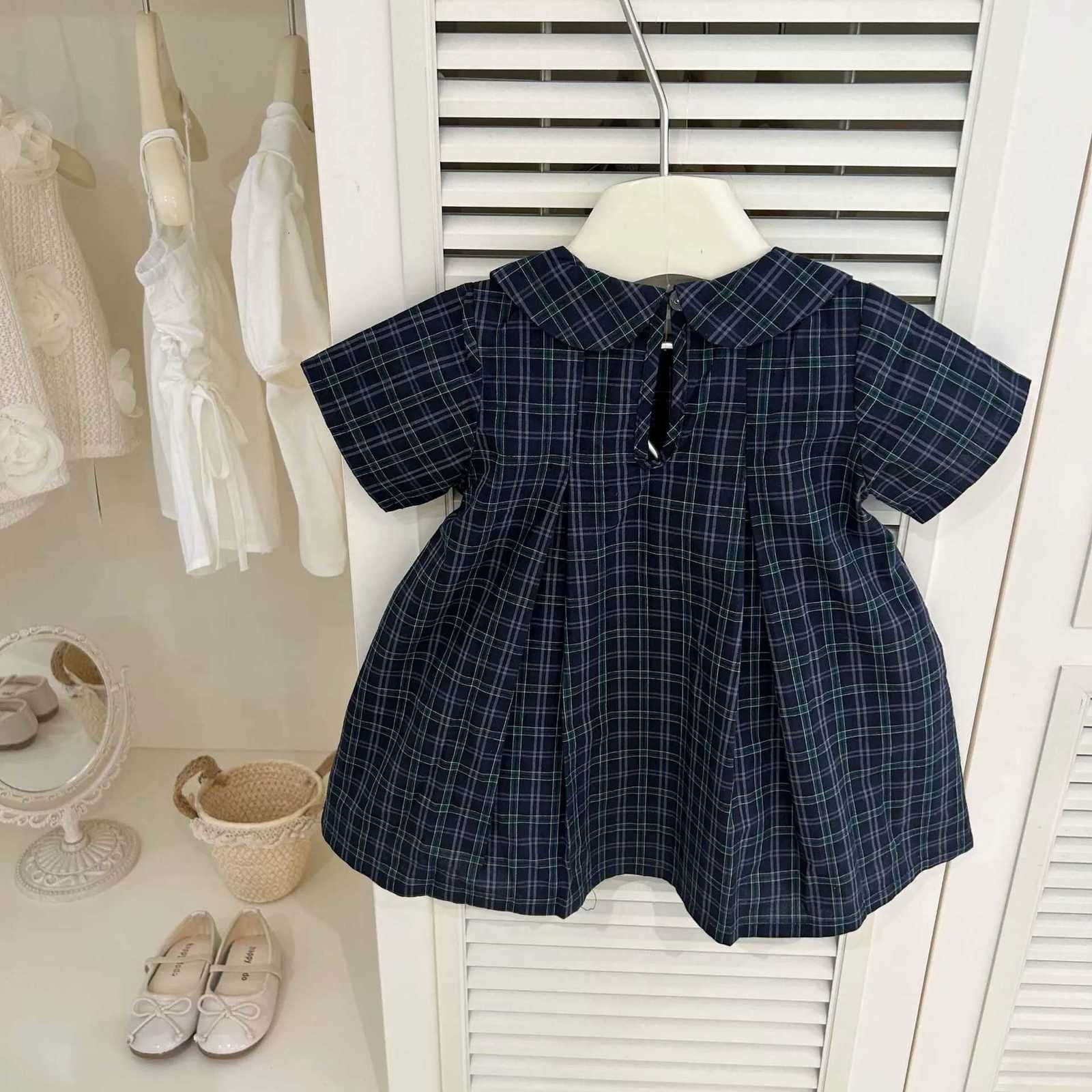 Summer Girls Plaid Dress Korean Style Doll Collar Dress Baby Fashionable Princess Plaid Dress Short-Sleeved Summer DressT260330