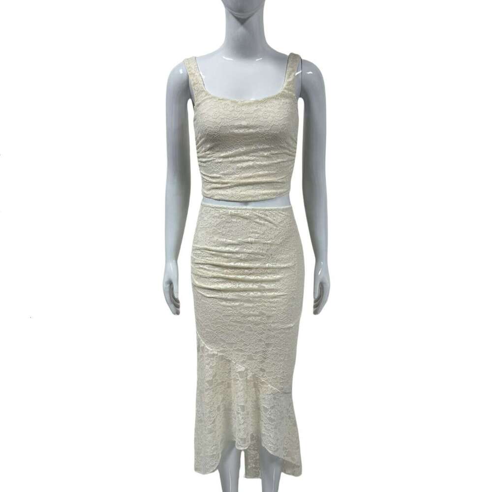 European and American women's fashion spring-summer new sexy hot girl pleated strap top French style lace skirt set