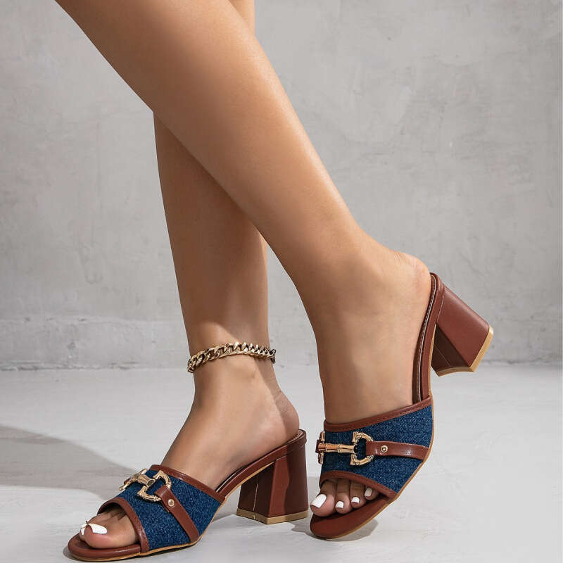 2026 Outdoor Brown Chunky Heel Pointed Toe Sandals Simple High Heels Design Shoe Delivery Summer Fairy Style