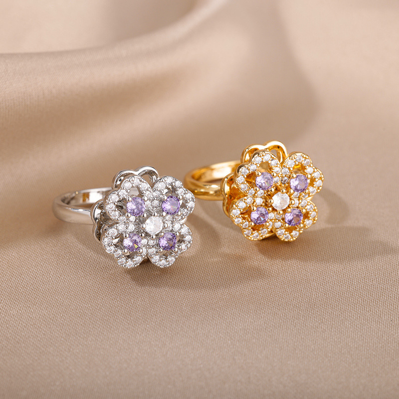 New Rotatable Zircon Flower Open for Women, Unique Design Stress Relief Ring