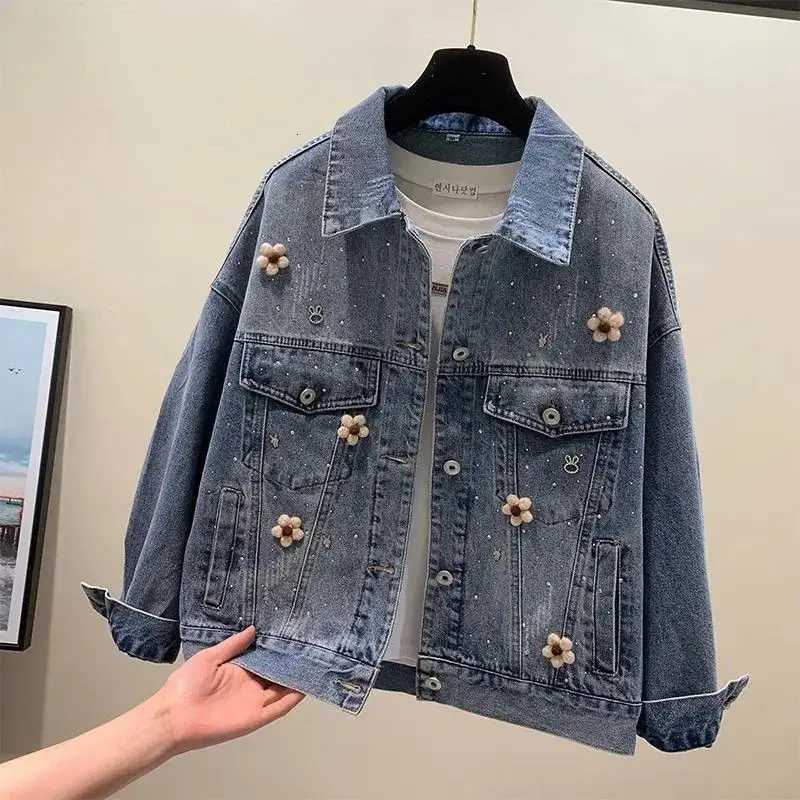 Large Size Women Denim Jacket Spring Autumn Long Sleeved Retro hot Diamond Jeans Coat New Female Casual Loose Cowboy Outwear TopT260328