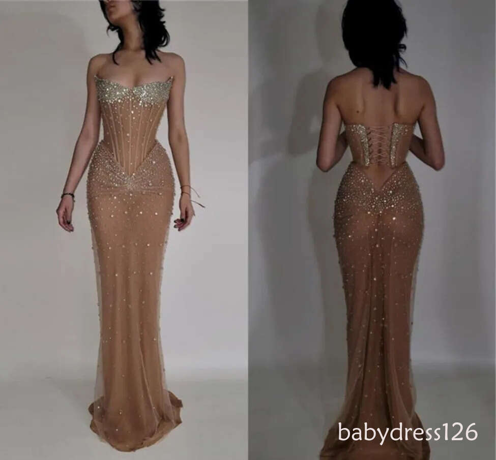 Gorgeous Dark Champagne Evening Prom Dresses Sexy Strapless Beads Crystals Corset Backless Long Vestidos de novia BC20529 ZD19