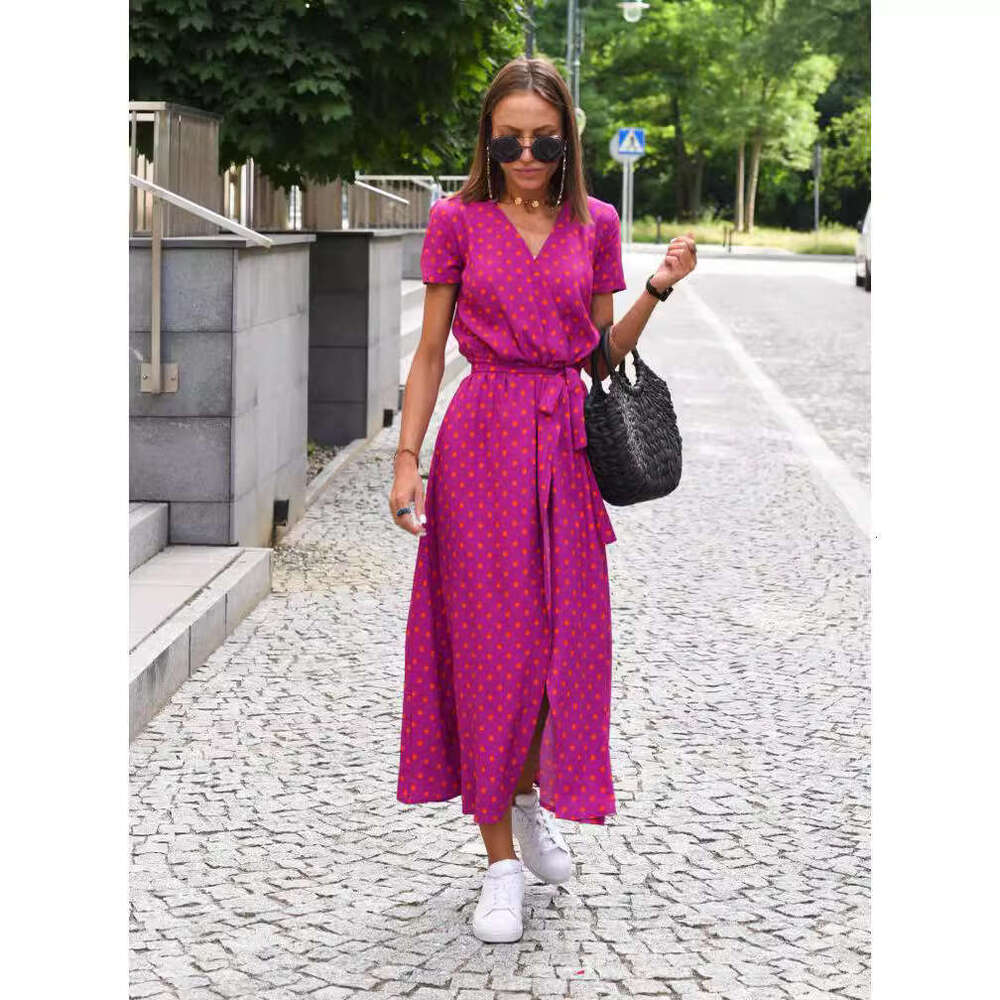 Cross-border women's clothing European and American holiday polka dot print tie-waist V-neck mid-length short-sleeve dress