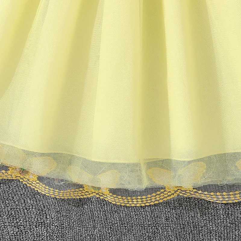 Dress For Girls Yellow O-Neck Fly-Sleeve Tulle Bowknot 8-12 Years Summer Elegant Sweet Style Princess Dress kids ClothingT260330