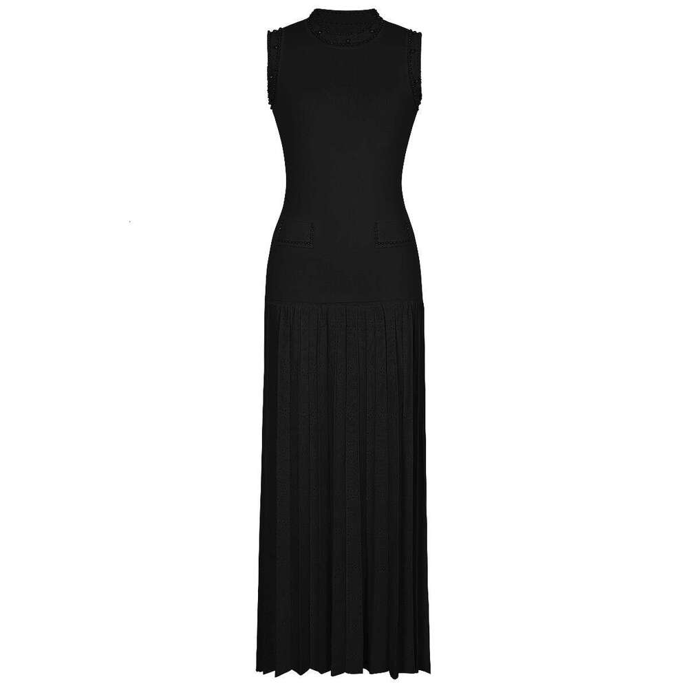 Summer New Designer High Quality Sleeveless Round Neck Bead Knitted Multi Functional d24 Slimming Women's Long Skirt