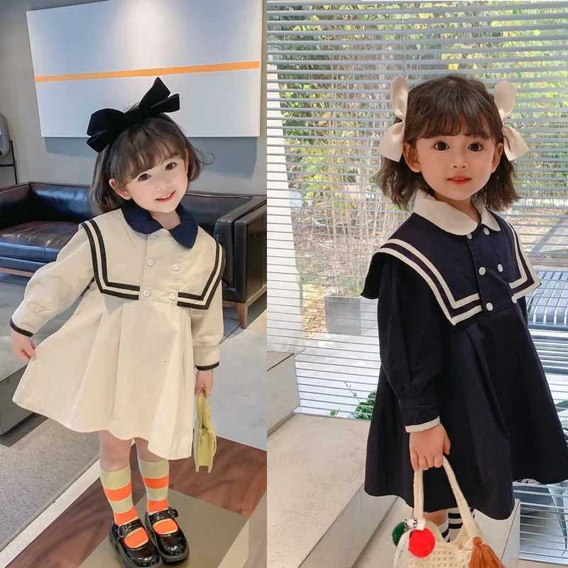 Spring Summer Girls Dress British Style Navy Collar Little Cute Long-Sleeved Student School Dress Baby Kids ChildrenS ClothingT260330