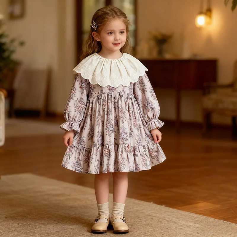YBFSKID Spring Kid Girl Princess Dress Retro Floral Printed Infant Baby Girl Dress Lace Collar Children Girl Dress Toddler DressT260330