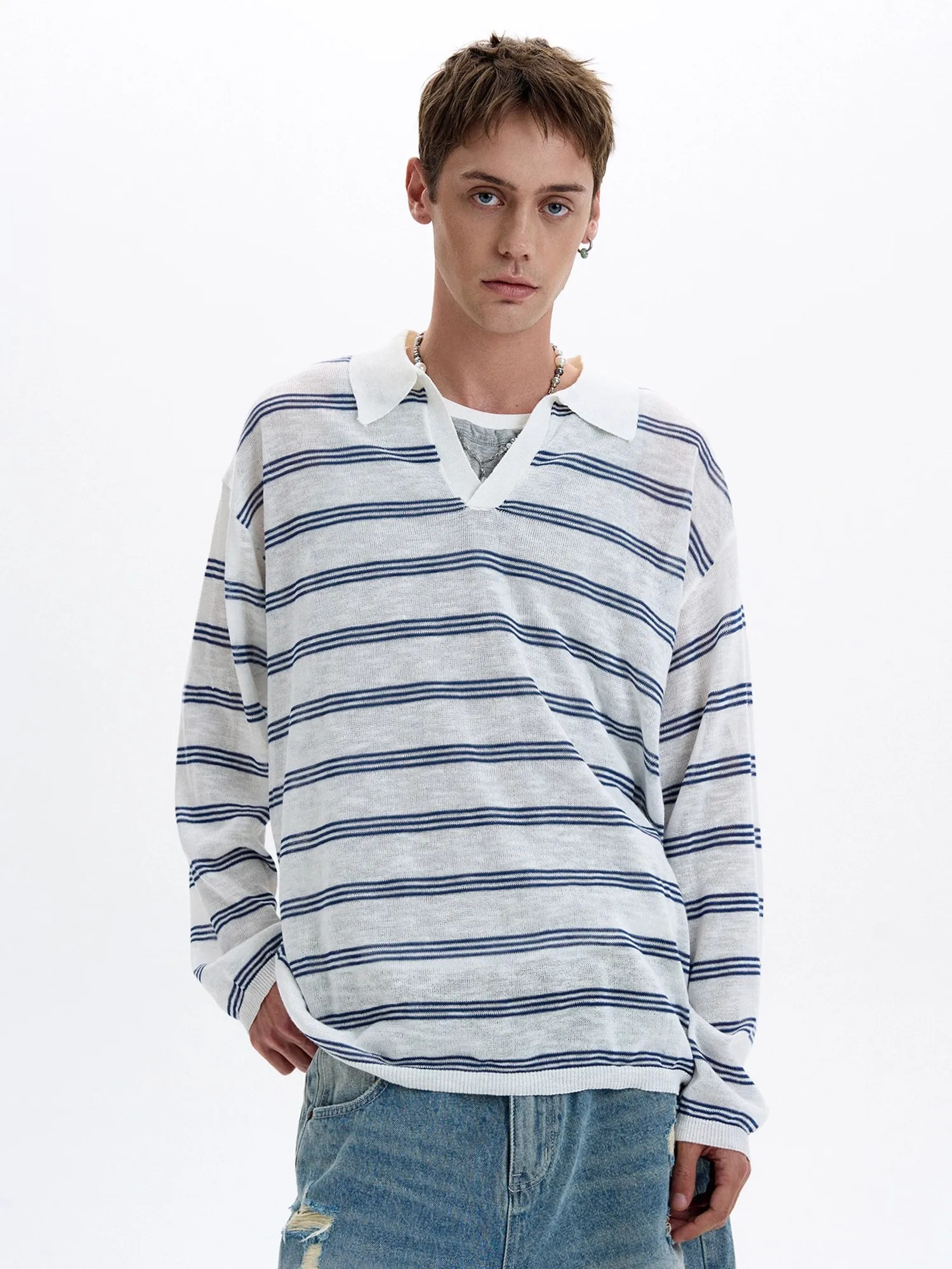 American Retro Striped Contrasting Color V-neck Long-sleeved Polo Shirt Men Women Loose Casual Bottoming Trendy Tops Aesthetic 260326