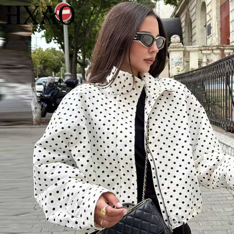 HXAO Polka Dot Bomber Jacket Womens Jackets Demi-Season Oversized Long Sleeve Top Outerwear Aviator Plus Size Zip Up Crop CoatsT260328
