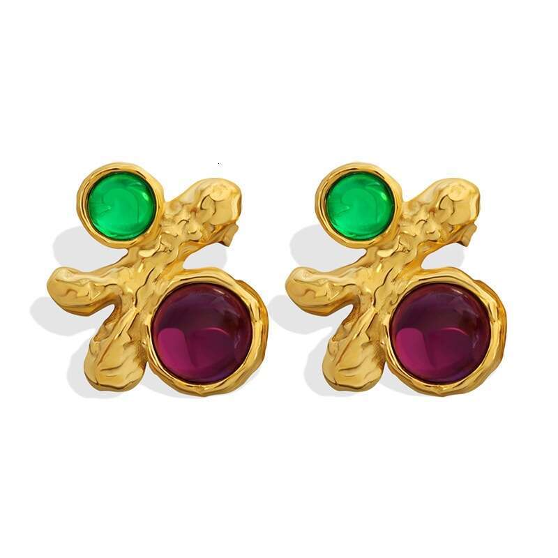 Fashionable Red And Green Gemstone Inlaid Niche Vintage-style Earrings, Manufacturer's Direct Shipment