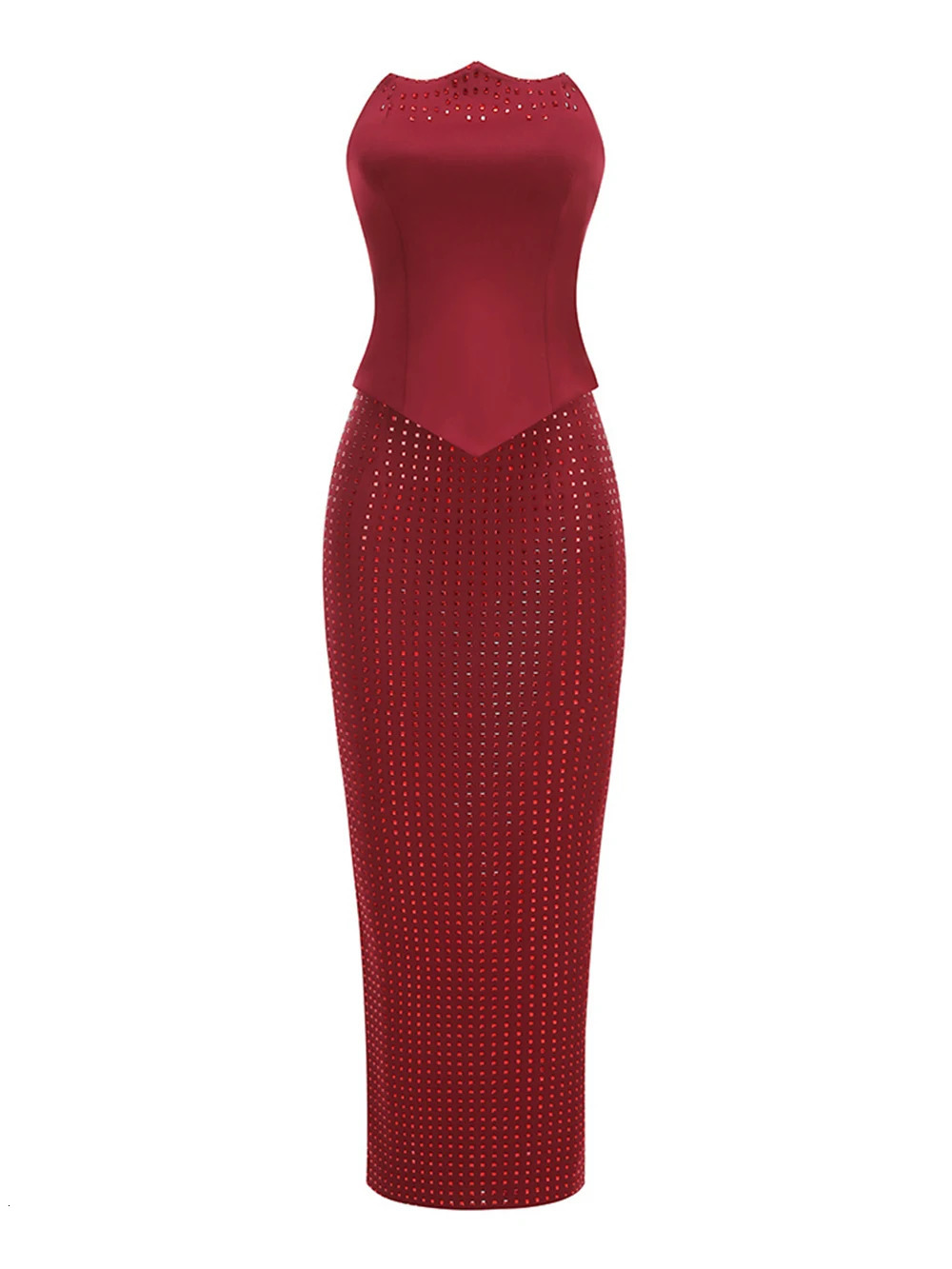 Modphy High Quality Burgundy Sleeveless Crystal Top Diamond Skirt Evening Party Set Nightclub Birthday Gown 260325