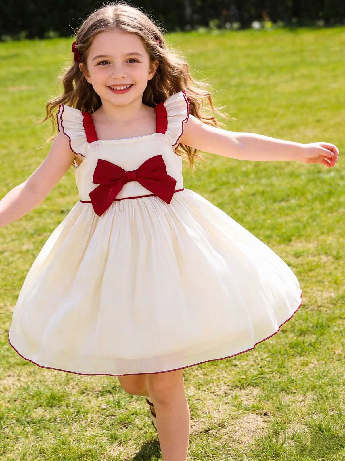 Summer New Arrival Girls Red And White Color Block Princess Dress with Large BowtieT260330
