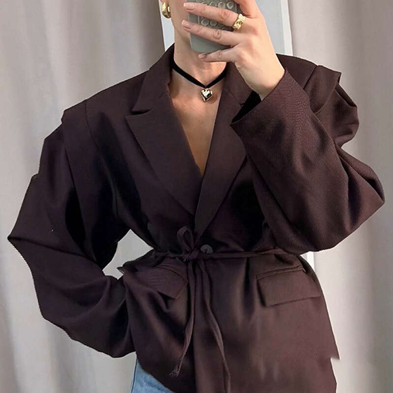 2026 New Arrival: Cross-Border European and American Foreign Trade Women's Clothing - Elegant Commuting Solid Color Belted Blazer with Suit Colla