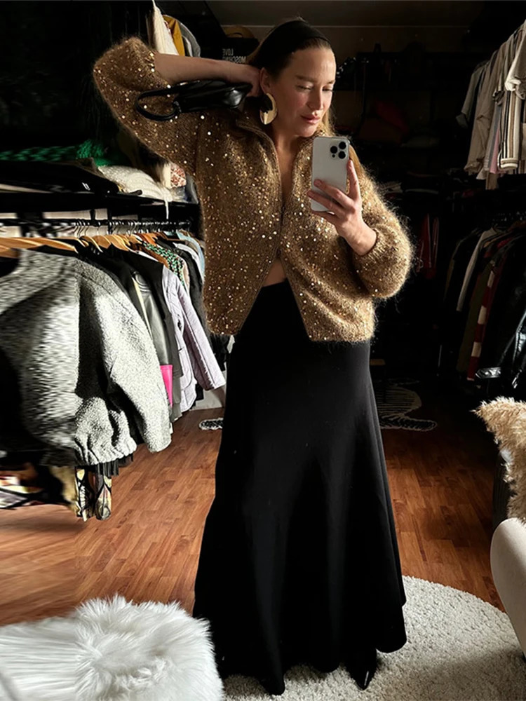 Party Sequin Knit Double-zip Women Cardigan Elegant Lapel Long Sleeve Glitter Female Sweater 2026 Spring Autumn Lady Outwear 260327