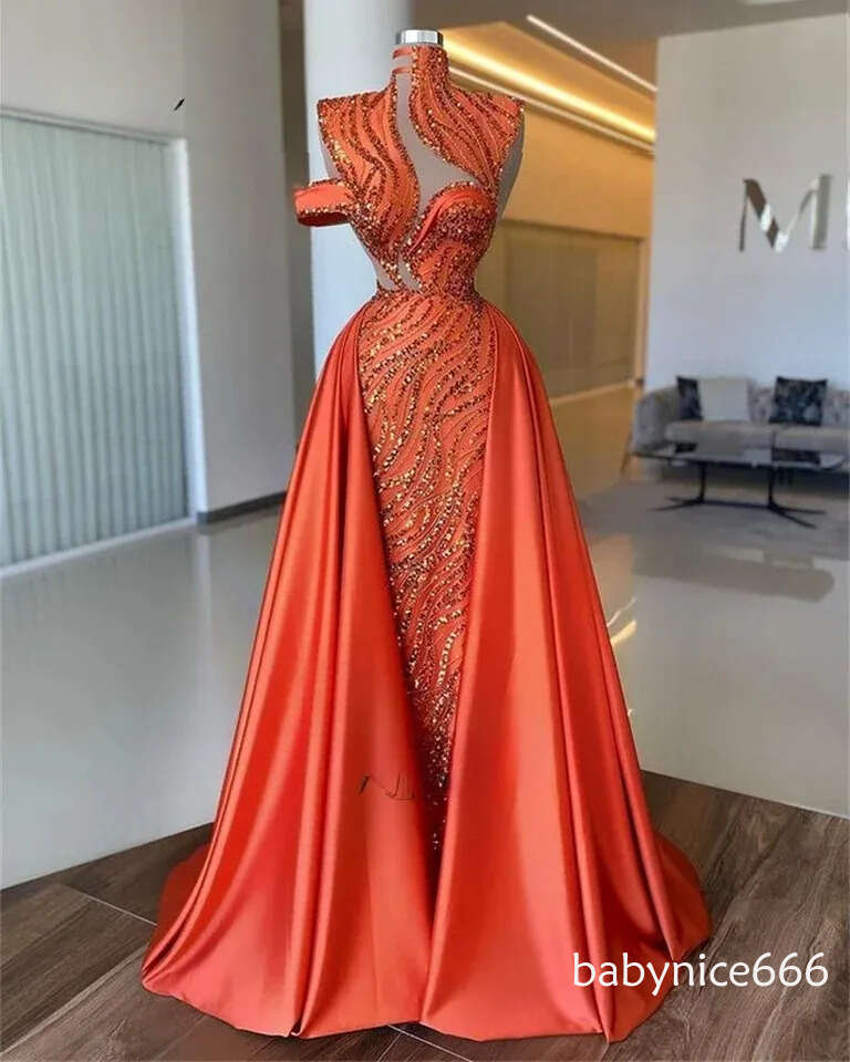 Luxury Sequined Beads Dubai Arabic Mermaid Evening Dresses Couture Orange Long Overskirt Party Prom Gowns Formal Special robe de soiree M27