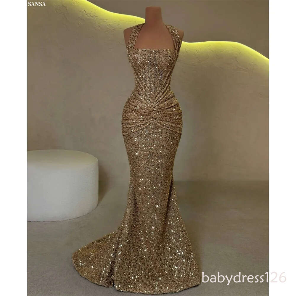 Glitter Champagne Sequined Mermaid Evening Dresses Sexy Halter Neck Shiny Sequins Prom Dress Vestidos De Noche Floor-Length Formal Party Gowns M27 ZD1