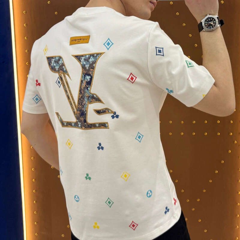 European and American Light Luxury High-end Embroidery Short Men's Trendy Brand Cool Round Neck Regular Shoulder T-shirt Summer Fashion Casual Ha