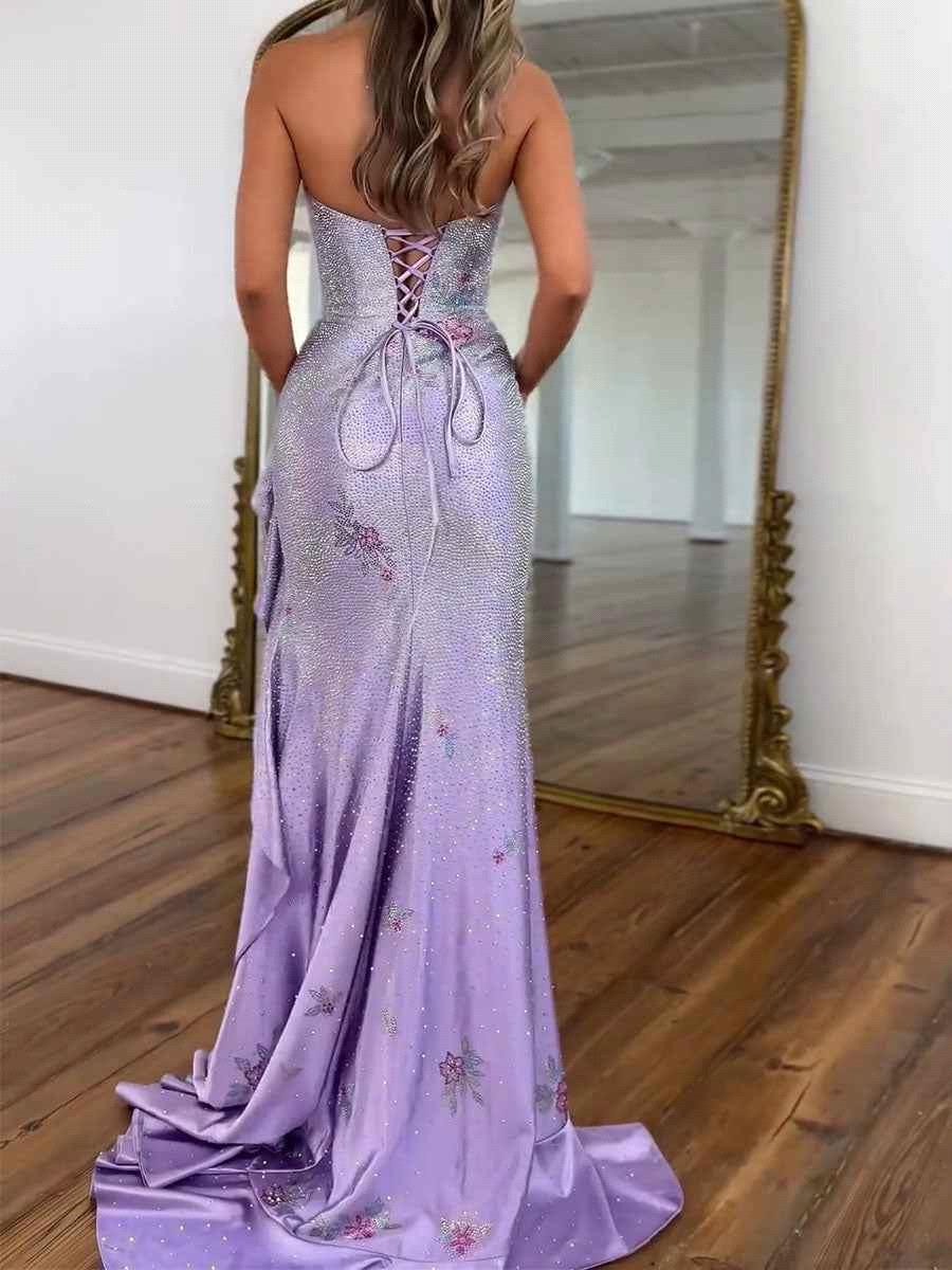 Elegant Yellow Flora Strapless Mermaid Prom Dresses Side Split Backless Corset Long Women Evening Party Gowns Gala Robes de soiree M30BC22200