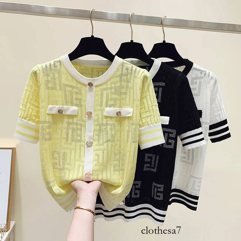 New Chic 2025 Fashion Summer Contrast Small Fragrance Ice Sweater Women's Versatile Thin Hollow Out Short Sleeve T Shirts