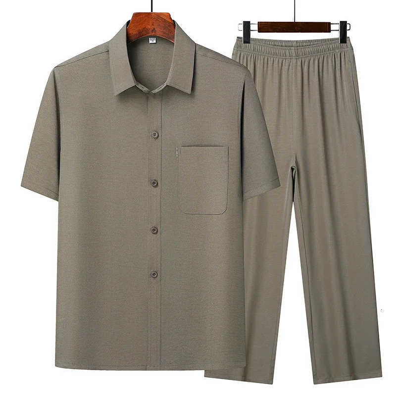 Top Pants Summer Leisure All Match Middle-aged and Old Dad Men Fashion Trend Grandpa Loose Lapel Half-sleeve Shirt Set 260330