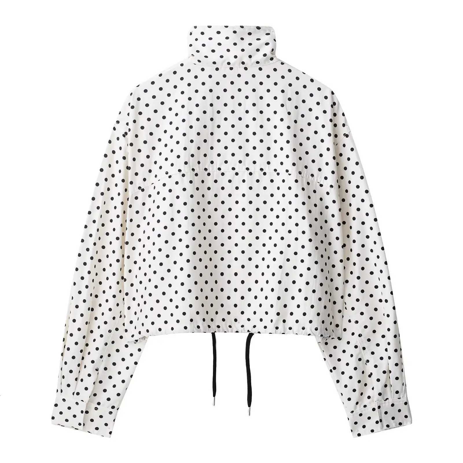 2026 Spring Jacket Women Long Sleeves Turtleneck Zipper Pockets Drawstring Casual Short Coats Women Fashion Polka Dot JacketsT260328